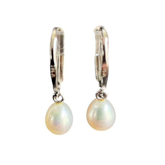 Pearl Earrings Sterling Silver Drop Dangle Dainty Simple Bridal Bride Wedding - Picture 2 of 9